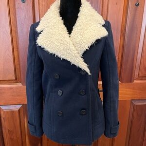 American Eagle Outfitters Wool Navy Double Breasted Pea Coat Sherpa Collar XS